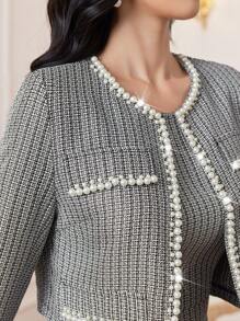 Modelyn Autumn Stylish Refined Romantic Embellished Pearl Long Sleeve Jacket & Round Neck Sleeveless Dress 2pcs Suit Set For Women 2 Pieces Set - Black and White - View 4