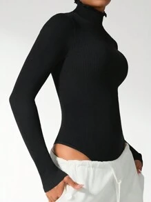 Easithlete 女士纯色弹力立领修身长袖无缝连体裤 - 黑色 - 查看 2