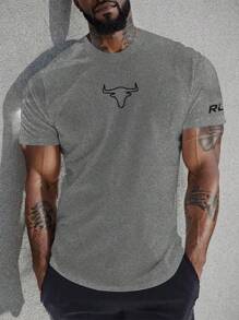 SHEIN Fitness 男友风男士字母和牛头印花圆领短袖运动T恤，男士健身T恤，健身衫运动上衣透气