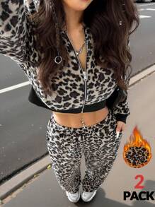 Muchica 女士日常穿着复古豹纹法兰绒拉链连帽衫和阔腿裤外出套装两件套 - 卡其色 - 查看 1