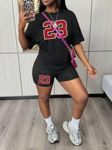 Maweii Conjunto De Camiseta Y Pantalones Cortos Con Estampado Digital Y Cuello Redondo Para Mujer De Talla Grande