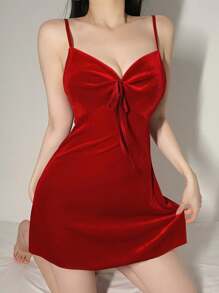 SilkySpell Solid Color Velvet Camisole Sleep Dress With Front Pleated Twisted Design, For Fall Winter, Christmas - Burgundy - View 2