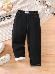 SHEIN 1 quần dài lưng thun co giãn mềm mại phong cách Hàn Quốc cho bé trai/bé gái thường ngày, thích hợp mặc hàng ngày, đi học, đi chơi, thể thao, mùa thu/đông - màu đen - Xem 10