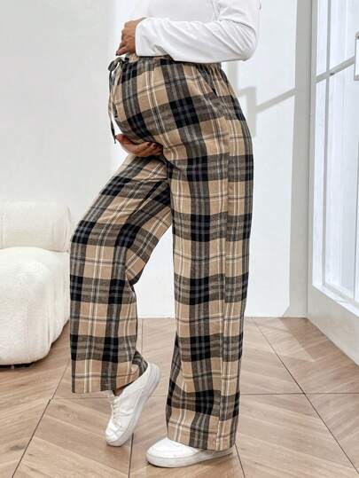 SHEIN Maternity Casual Commute Brown Plaid Straight Pants