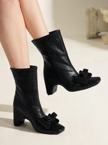 CUCCOO CHICEST Square Toe Platform Bowknot Mid-Calf Boots For Women For Christmas And New Year Holiday Valentines - Black - View 5