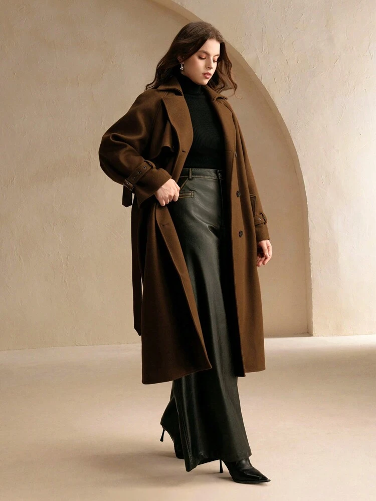Anewsta Plus Size Women Elegant Loose Lapel Double-Breasted Long Brown Woolen Coat, Suitable For Fall, Autumn, Winter, Elegant, Chic, New Year, Casual, Christmas, Luxury