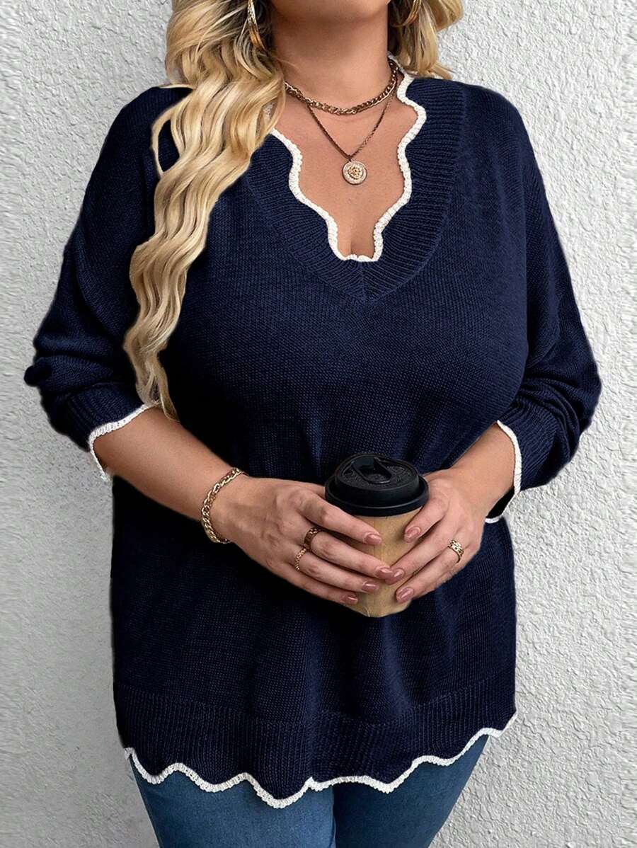 SHEIN CURVE+ 大码撞色饰边毛衣,秋冬季休闲款 - 寶藍色 - 查看 1