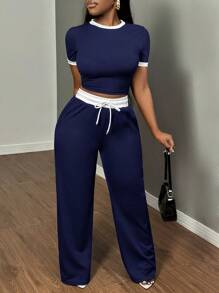 SHEIN SXY 女士撞色圆领短袖短款 T 恤和抽绳腰裤 2 件休闲套装