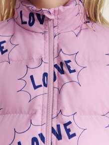 SHEIN Young Girl Purple Casual Letter Print Stand Collar Front Zipper Thick Long Sleeve Loose Padded Coat, Autumn/Winter - Beige - View 4