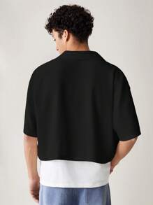 SWAVVY Chemise ample et décontractée à manches courtes unie pour hommes, style mode jeune tissé pour le quotidien - Noir - Voir 2