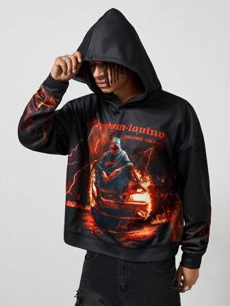 Street Life Sudadera casual holgada con capucha de manga larga con estampado de lemas y figuras para hombre en otoño