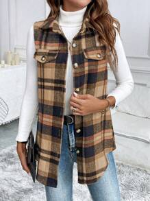 SHEIN LUNE Plaid Print Revers Voorkant Knoop Casual Mouwloos Vest Jasje