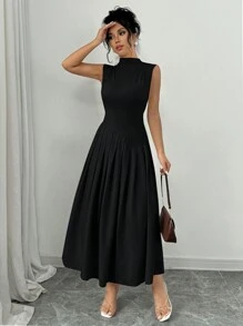 Selianne 2024 新款年轻优雅手工褶皱无袖立领连衣裙，杏色长款女装 - 黑色 - 查看 3