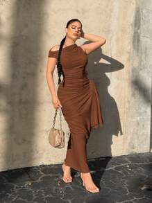 SHEIN SXY Plus Size White Bodycon One-Shoulder Twist Decorated Party Dress - Brown - View 3