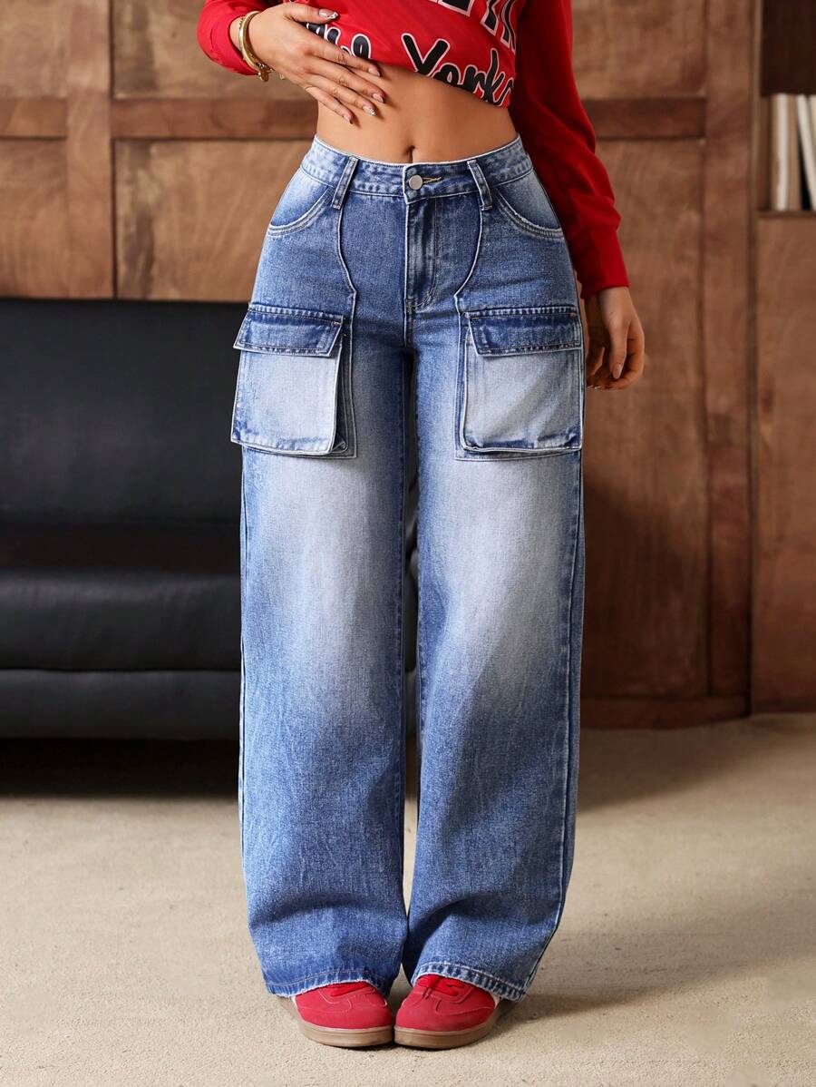 SHEIN EZwear 女士撞色口袋休闲宽松牛仔裤 - 藍色 - 查看 1