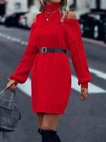 SHEIN LUNE 高领镂空钩针优雅长袖毛衣连衣裙新年衣服 - 紅色 - 查看 5