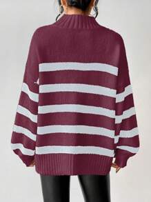 SHEIN Unity Casual Colorblock Striped Dropped Shoulder Knitted Sweater, Autumn/Winter For New Year Fall - Red - View 2