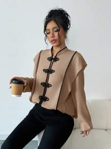 SHEIN Unity Women's Stand Collar Button-Up Contrast Color Ruffle Cuff Long Sleeve Blouse, Autumn/Winter Women Shirt Blouses Elegantvintage Clothes Women - Khaki - View 4