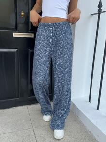 Aloruh Women's Fashionable Ditsy Floral Print Button Decor Loose Wide Leg Pants