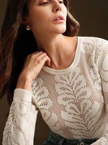 Anewsta Elegant Lace Mesh Floral Hollow See-Through Textured Round Neck Women Knit T-Shirt Undershirt