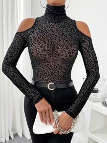 SHEIN Essnce 1 pièce T-shirt femme à épaules dénudées en tissu tricoté maillé et floqué de couleur unie