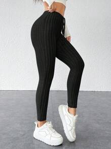 SHEIN PETITE Tie Waist Ribbed Knit Bodycon Leggings - Black - View 4