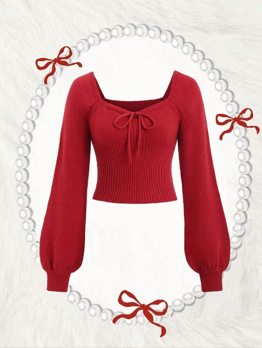 SHEIN Black Friday x Star Picks Sweetra 女士纯色心形领前系带插肩袖毛衣，秋冬季款 - 紅色 - 查看 1