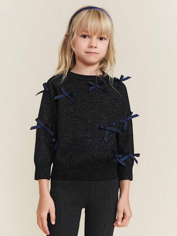 Maija Kids Maija Kids Suéter brillante con cuello redondo, manga larga, decorado con moño, informal para niñas, para otoño/invierno, para Navidad