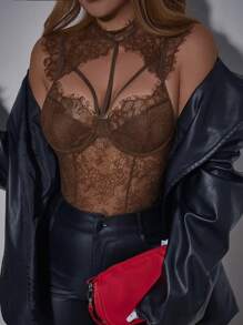 SHEIN LUNE 透明蕾丝镂空无袖性感紧身衣 - 棕色 - 查看 3