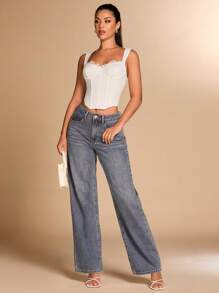 SHEIN BAE 女士黑色百搭紧身拼接蕾丝文胸华丽吊带上衣，弧形下摆花卉蕾丝