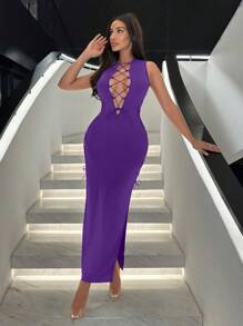 SHEIN SXY Sexy Criss-Cross Hollow Out High Slit Dress,Lavender Dress - Purple - View 5