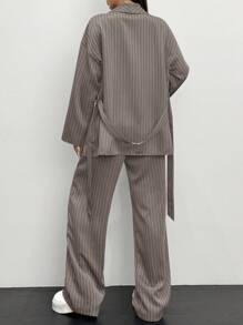 Siren Gaze 2pcs Women Striped Wrap Casual Kimono Suit Set, Grey, Office Lady Fashion Business Attire In Fall/Winter Brown - Khaki - View 2