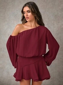 SHEIN BAE 女士休闲不对称领灯笼袖荷叶边下摆短裙、早午餐女装、秋季女装、茶会礼服 - 酒紅色 - 查看 6