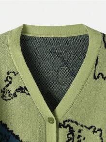 Flirla Cardigan Casual Minimalista com Estampa de Dinossauro de Manga Longa e Abertura com Botões, para Uso Diário, Inverno, Tamanhos Grandes - Verde Escuro - Visão 5
