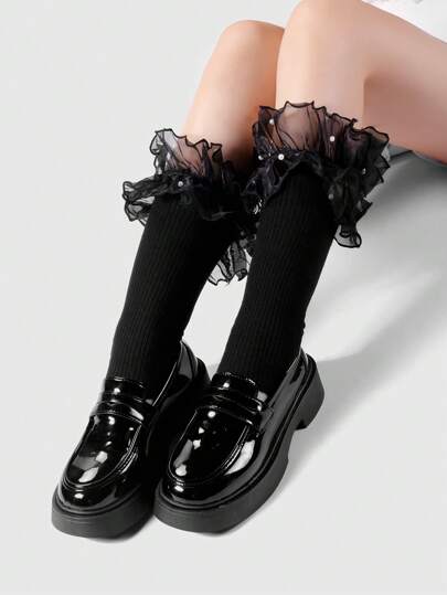 Kawaii 1 Paar koreanische Gothic-Stil hochwertige, weiche und warme schwarze/weiße Rippstrick-Spitze-Netz-Stoff mit Kunstperlen-Dekor Stulpen, geeignet für Damen Alltagsoutfit, Geschenkbox Verpackung, Halloween