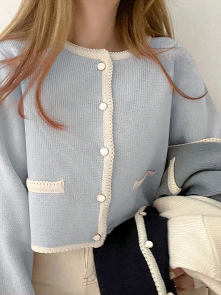 Women Contrast Color Splice Round Neck Long Sleeve Casual Slim Fit Cardigan, For Autumn, Fall Women Clothes
