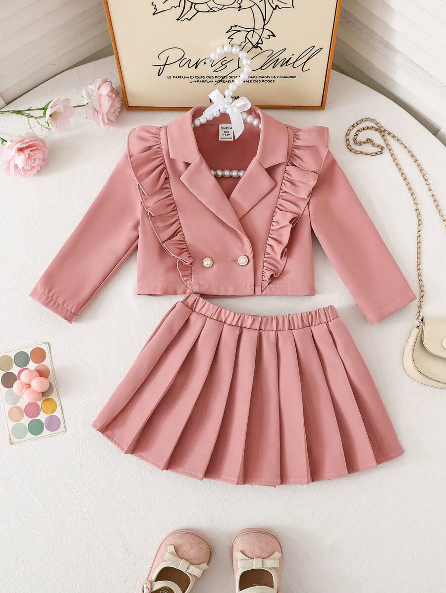 SHEIN Baby Mädchen süßes rosa Rüschen Besatz Langarm Jacke und gefalteter Rock 2-teiliges Set, Herbst & Winter - Pink - Übersicht 1