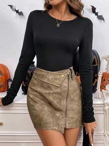 SHEIN LUNE Chân váy chữ A mini da PU phong cách Mỹ cổ điển, thiết kế cạp cao tôn dáng, thu/đông - Màu Khaki - Xem 5