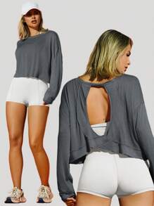 VARSITIE T-shirt casual de fitness à manches longues et encolure ras-du-cou, épaules tombantes, dos ajouré, pour femme