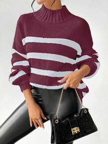 SHEIN Unity Casual Colorblock Striped Dropped Shoulder Knitted Sweater, Autumn/Winter For New Year Fall - Red - View 7