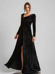 SHEIN Belle Vestido de noche formal y elegante con cuello asimétrico, mangas largas, volantes y dobladillo dividido para mujeres, color negro, ideal para graduación, cena