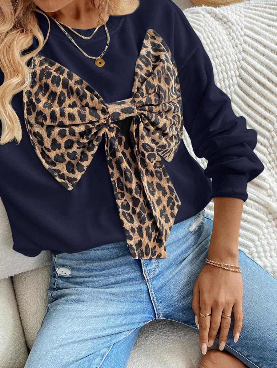 SHEIN LUNE Solid Color Knitted Contrast Leopard Print Butterfly Decor Casual Hoodie, Autumn/Winter