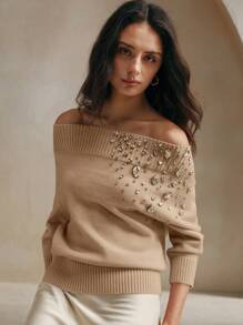 Anewsta Elegant Handmade Beaded Off-Shoulder Pullover Sweater, Women's Winter Knitted Sweater - Khaki - View 11