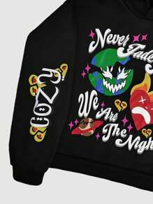 ROMWE MEN Street Life 男士休闲字母与卡通印花长袖连帽运动衫，宽松版型，秋季 - 黑色 - 查看 5