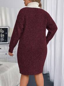 Calvaya Plus Size Women's Colorblock Turtleneck Long Sleeve Casual Sweater Dress, Fall/Winter - Burgundy - View 2