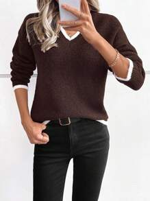 Chiquease Suéter holgado casual de cuello en V para mujer