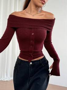 Flirla 1pc Sexy Off Shoulder Special Button Highly Colorful Knit Sweater
