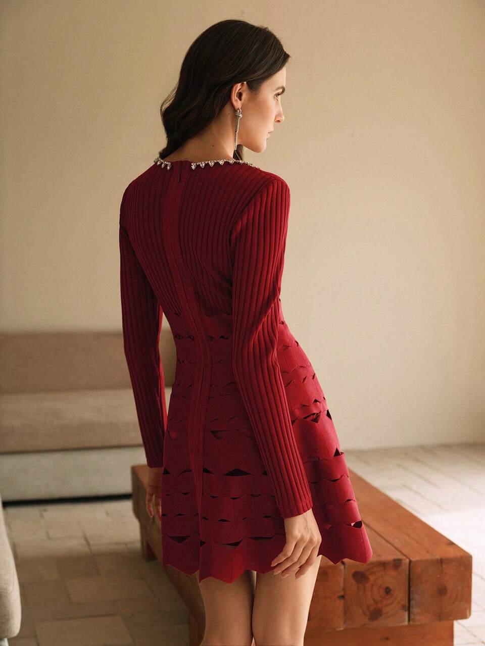 Rhinestone Decor Square Collar Ruffle Hem Knit Mini Dress Burgundy Color Women Outfit