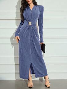 Modelyn Vestido elegante de manga larga con cuello en V y diseño de volantes y rhinestones, vestido largo de noche de unicolor para mujeres - Neblina azul - Ver 6