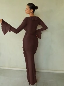 SHEIN BAE 女款棕色調深V領荷葉邊長袖洋裝，優雅性感極簡設計，適合秋季雞尾酒會、夜生活、約會、婚禮 - 咖啡棕 - 查看 2